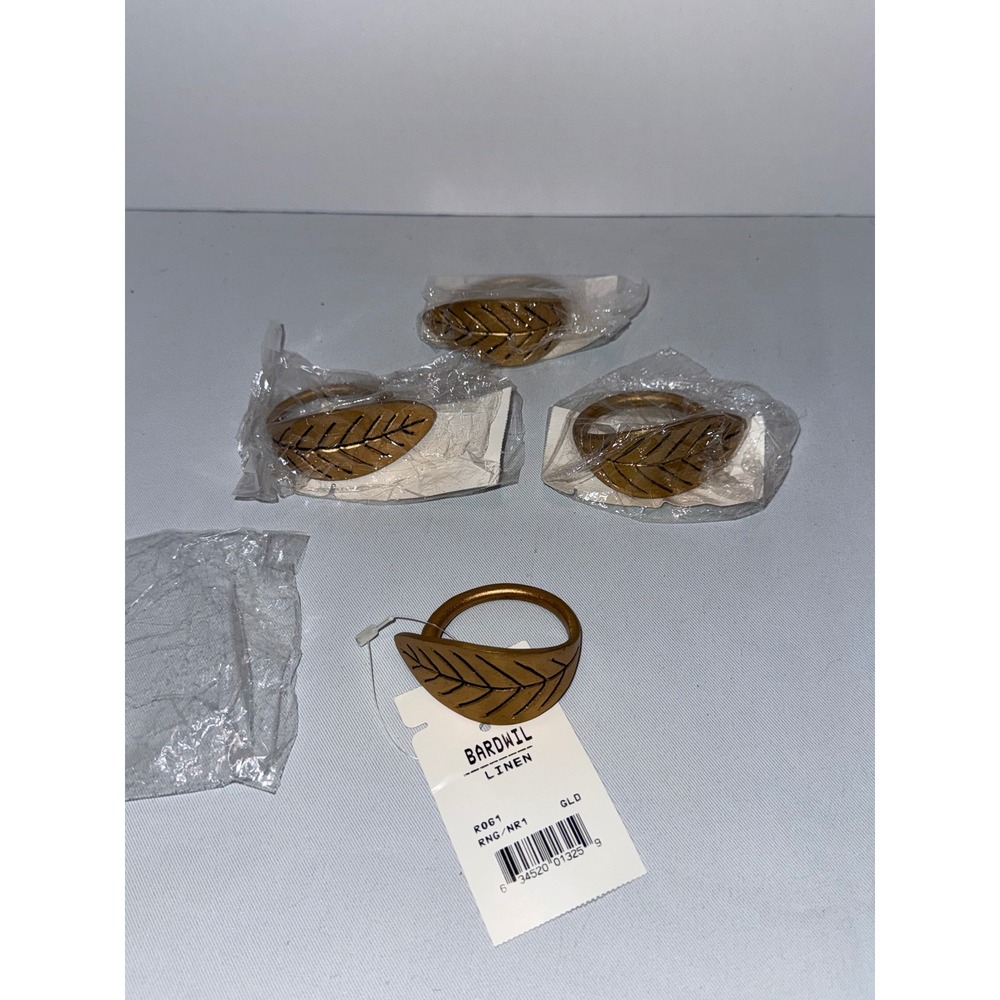 Bardwil Linens Gold Leaf Napkin Rings Set of 4 Metal Botanical Table Decor R061